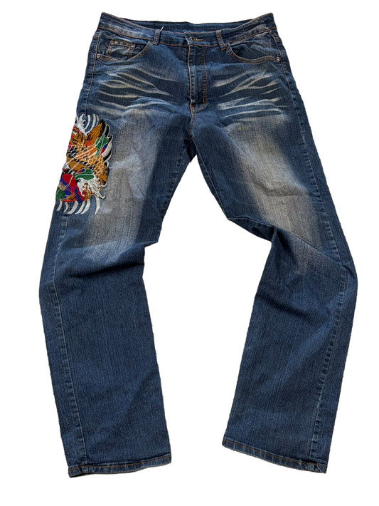 Win-Top Dragon Koi Embroidered Jeans Blue | 3L