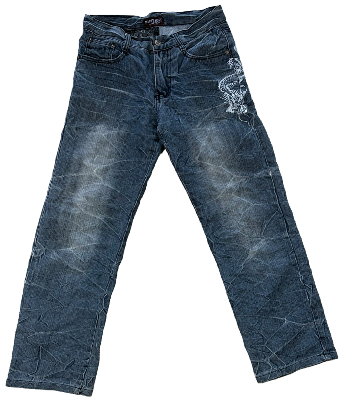Vintage Happy Hope Dragon Embroidered Jeans Washed Black | M