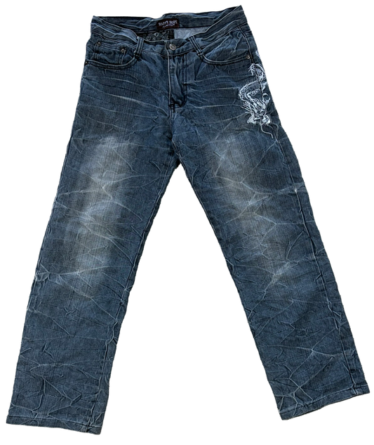 Vintage Happy Hope Dragon Embroidered Jeans Washed Black | M