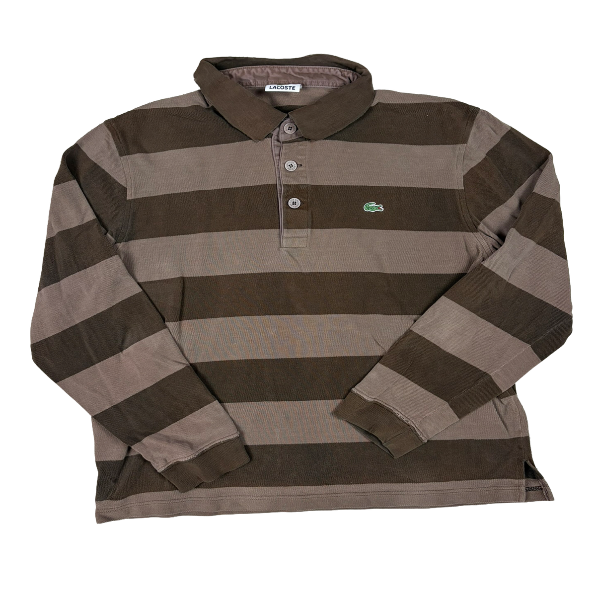 Lacoste Vintage Langarm Poloshirt Braun Gestreift – Größe L