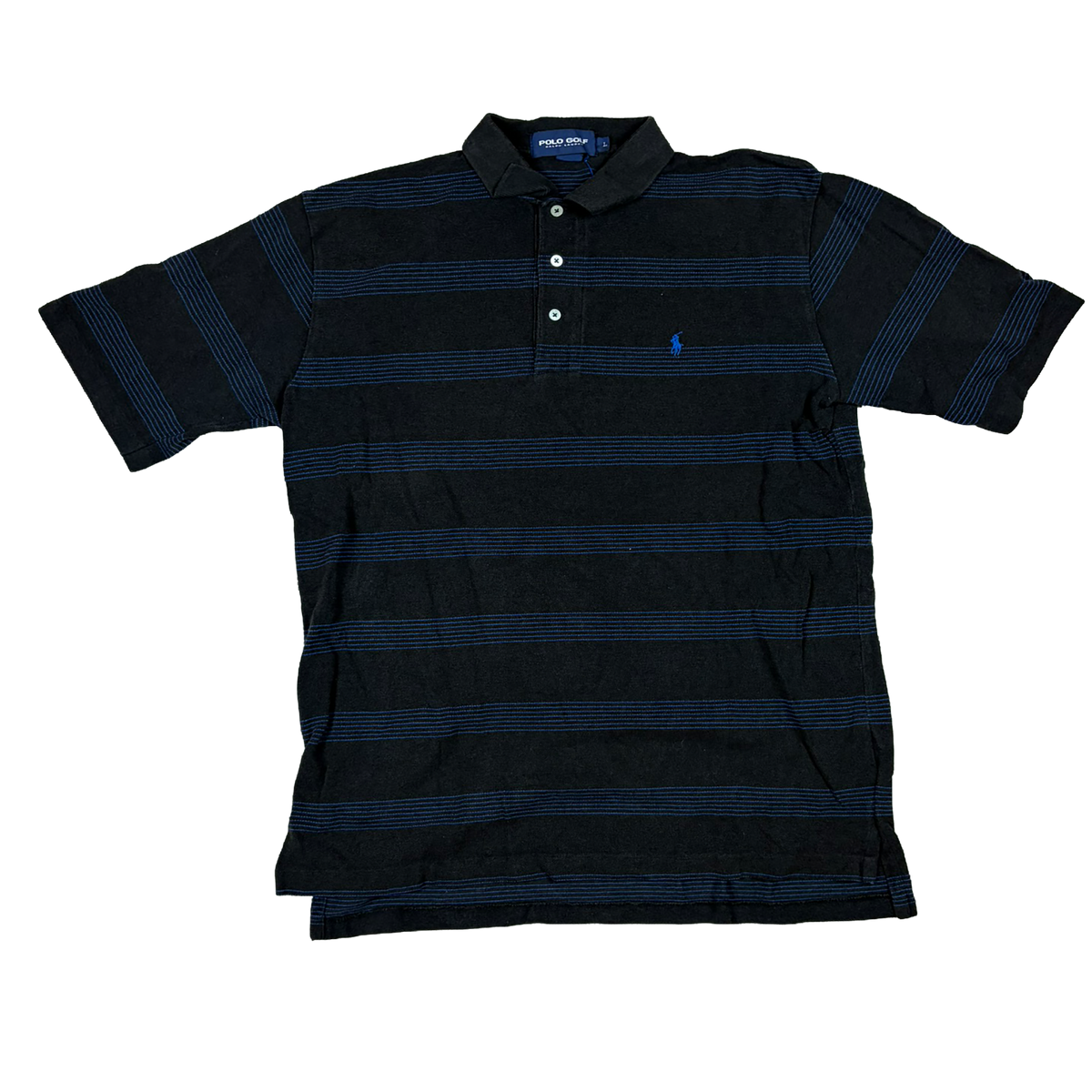 Polo Golf Ralph Lauren Vintage Poloshirt Schwarz Blau Gestreift – Größe L
