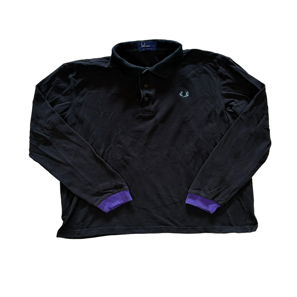 Fred Perry Langarm Poloshirt Schwarz mit Lila Bündchen – Größe L – 100% Baumwolle