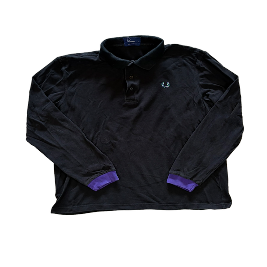 Fred Perry Langarm Poloshirt Schwarz mit Lila Bündchen – Größe L – 100% Baumwolle