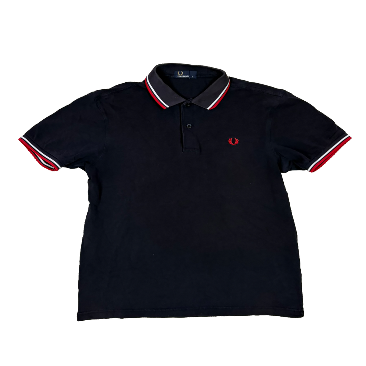 Fred Perry Poloshirt Navy – Größe M – Rot/Weiß Double Tipped – Laurel Wreath Polo